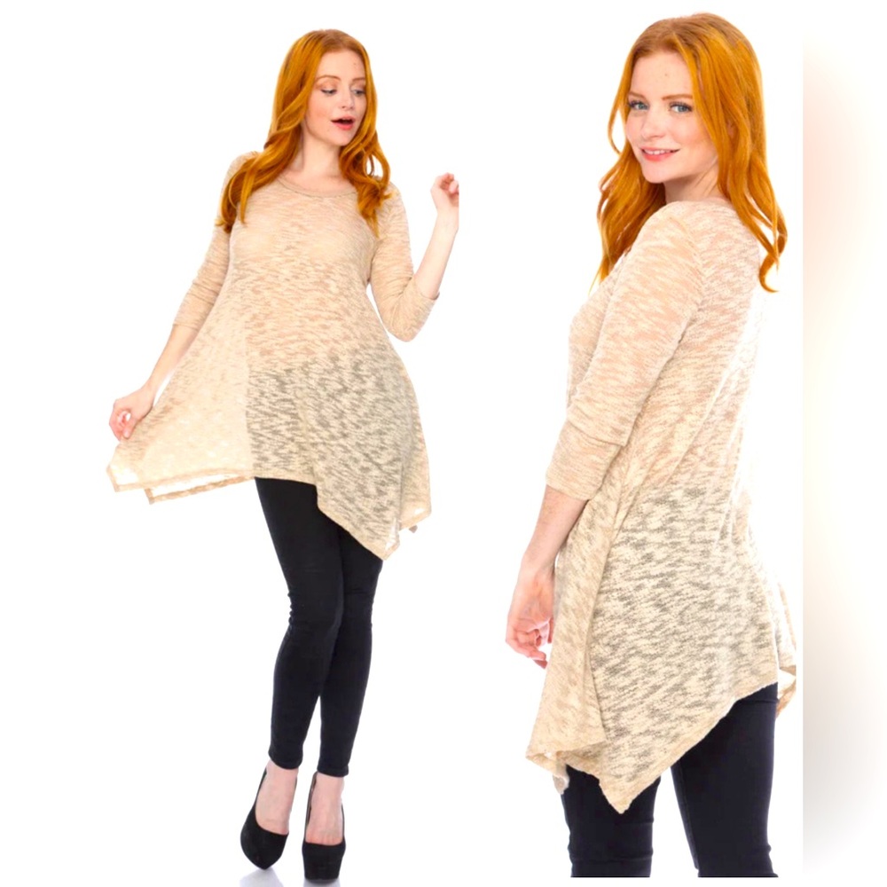 TAUPE SLUB KNIT SEE-THROUGH TUNIC TOP One sizes